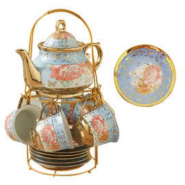YCWF 20 Pcs Porcelain Tea Set With Metal Holder,European Ceramic Tea Set for 6,700ml Teapot,Beautiful Tea Cup Gift Sets for Home&Party (Sky-blue)