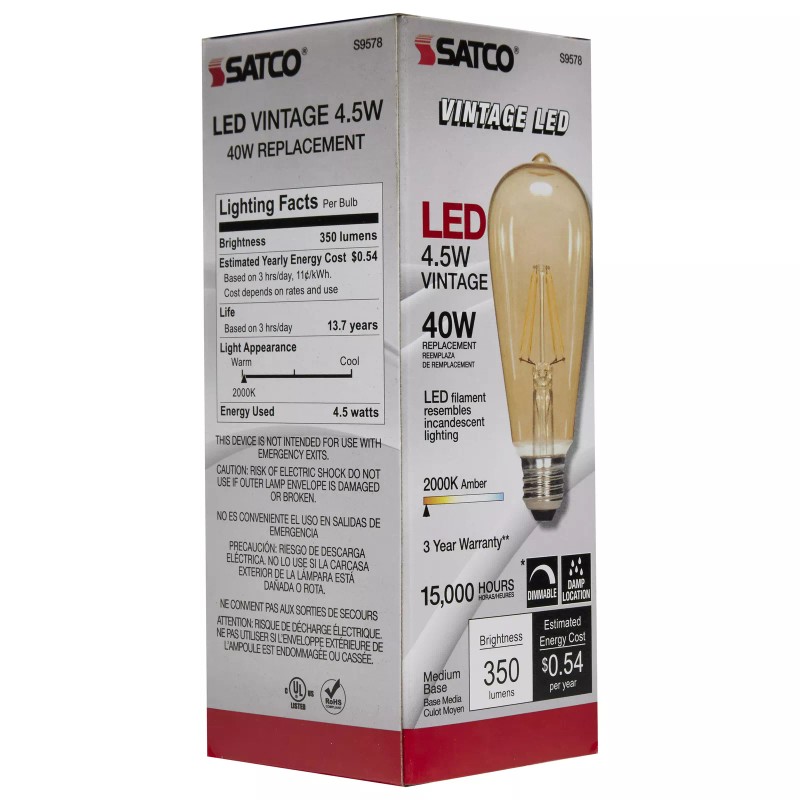 Satco S9578 Vintage Transparent Amber Filament LED Bulb 4.5W ST19