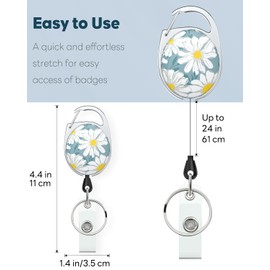 Uniclife Floral Retractable Badge Reel for Badge Holder Daisy Flower Heavy Duty Retractable Keychain Strong ABS Casing with Stainless Steel Spring Coil 24 Inch Nylon Rope Carabiner Clip and Key Ring