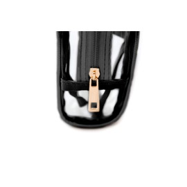 EzPacking - Bolsa de maquillaje transparente y brocha/bolsa organizadora de cosméticos larga para viajes, gimnasio o hogar, ribetes de piel vegano y 2 bolsillos interiores, pequeño plástico transparente transparente de PVC, Negro -