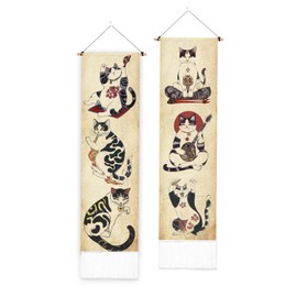 PLIGREAT 2 Pack Japanese Style Vertical Tapestry Retro Cat Aesthetic Wall Hanging for Bedroom Living Room Home Decor Long Narrow Art Tapestry with Tassels, 52" x 13"/130 x 33cm