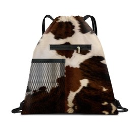 AYBELWG Drawstring Backpack Sports Gym Bag, Large String Swim Bag for Beach With Water Bottle Mesh Pocket, Cute Gym Sack with Zipper Pocket for Men Women Cute Cow Hide