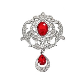 Exquisite Wedding Crystal Teardrop Brooch Pin for Women Bridal Elegant Big Rhinestone Charms Drop Broach Lapel Corsage Delicate Birthday Ceremony Bouquet Costume Accessories (Red CZ)