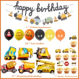 Children's Digger Birthday Decoration Balloons - Pack of 44 Happy Birthday Banner Technical Vehicle Cement Truck Forklift Digger for Decoration for Children's Birthday Party Construction Site Theme