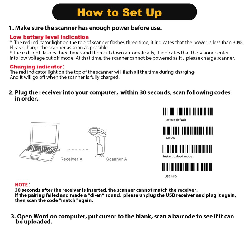 NADAMOO Wireless Barcode Scanner 328 Feet Transmission Distance USB Cordless
