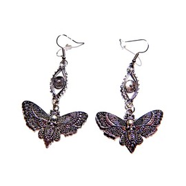 Deaths Head Hawk Moth & Mystic Eye Silvertone Pendants on Hypoallergenic Hooks Gothic Acherontia Sphinx Earrings, Metal, No Gemstone
