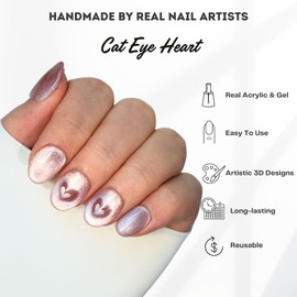 Hanakoko Press on Nails Handmade Nails 3D Press on Nails Short Medium Oval Almond Nails Fake Nails Glitter Cat Eye Nails Gel Nails Durable Reusable False Nails 10 Pcs (Cat Eye Heart Pink, L)