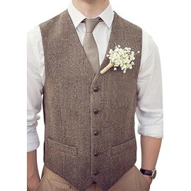 Onlylover Men's Wool Herringbone Groom Vests Formal Groom's Tweed Vest Skinny Wedding Waistcoat Wear Suit Dress, Brown, XX-Large