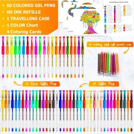 Soucolor Glitter Gel Pens for Adult Coloring Books, 120 Pack-60 Glitter Pens, 60 Refills and Travel Case, Nurse Aesthetic Cute Pens, School Office Home Supplies, Gifts for Women and Men