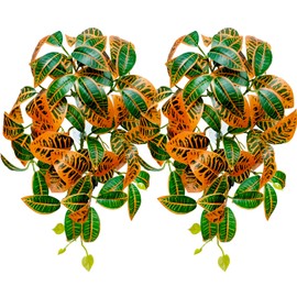 Woyrise 2 Pack Reptile Plants, Terrarium Hanging Plant Vines, Artificial Leaves with Suction Cup, Bearded Dragon Tank Accessories for Gecko Lizard Snake Frog Tortoise Decorations - Codiaeum Variegatum