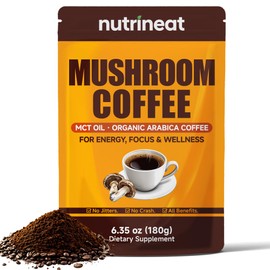 NutriNeat Mushroom Coffee (6.35 OZ), 180g Mushrooms Instant Coffee Powder Mix with Lions Mane, Chaga, Cordyceps, Low Acid, Obtaining Better Energy, Focus Boost and Digestion Includes Measuring Spoon