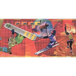 Concord Wallcoverings Wallpaper Border Sports Pattern Skier Snowboarder Surfer Motorcyclist for Boy's Bedroom Playroom Kid's Room, Red Lilac Green Orange, 15 Feet by 12 Inches 110086