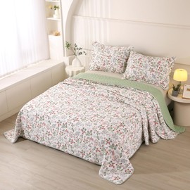 WINLIFE 100% Cotton Quilt Queen Size Floral Bedding Set Botanical Garden Flowers Lightweight Quilts Reversible Coverlet Bedspread with 2 Pillow Shams All Season 3 Pieces (90"x98")