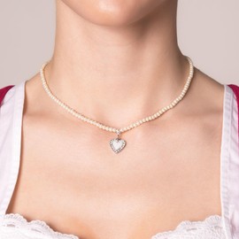 Alpenflüstern DHK345 Pearl Costume Necklace Rhinestone Heart – Women's Costume Jewellery Dirndl Necklace (Cream/White), Zinc
