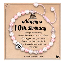 LynixTrade Gifts for 10 Year Old Girls Adjustable Pink White Pearl Bracelet for Sister Friends Daughter Granddaughter Niece Girls Birthday Decoration Gifts for 10 Year Old with Card