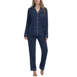 Joyaria Womens Pajama/Pj Sets for Hospital Soft Bamboo Button Down Long Sleeve Top Sleep Wear Navy Blue