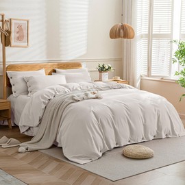 JELLYMONI Cotton Duvet Cover Full Size - 100% Washed Cotton Linen Like Textured Comforter Cover, 2 Pieces Breathable Soft Bedding Set with Button Closure (Beige, Full 80"x90")