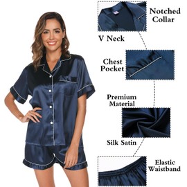GAESHOW Damen-Schlafanzug-Set, Satin, Seide, kurzärmelig, Button-Down-Set, Schlafkleidung, Loungewear, zweiteilig, S-2XL Gr. 36, blau