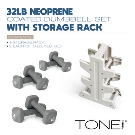 Tone Fitness 32 LB Neoprene Dumbbell Set with Storage Rack – Non-Slip, Anti-Roll Hand Weights for Home Gym Workouts - Gray