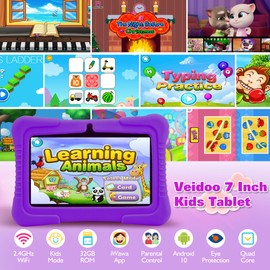 Veidoo Kids Tablet, 7 inch Android Tablet PC, 2GB RAM 32GB ROM, Safety Eye Protection Screen, WiFi, Dual Camera, Games, Parental Control APP, Tablet with Silicone Case(Purple)