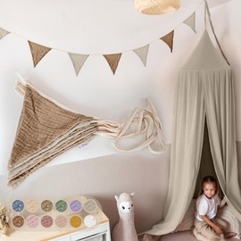 LILIMAUS Bunting Fabric [with Gold Appliqué in 12 Colours] Bunting Children's Room - 100% Cotton Handmade Garland Fabric - Muslin Bunting - House Bed Decoration Girls & Boys for Baby Room