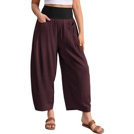 TARSE Women’s Linen Harem Pants Loose Fit Boho Casual Trousers Wide Leg Lounge Pants with Pockets Red, M