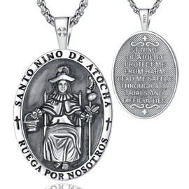 EUDORA S925 Sterling Silver Santo Nino de Atocha Necklace for Women Men, Vintage Holy Infant of Atocha Pendant Christian Medal for Protection Faith Jewelry Gifts for Mens Women, 22"+2"