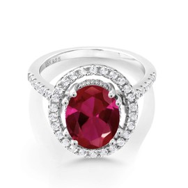 Gem Stone King 4.50 Cttw Red Created Ruby and White Created Sapphire Ring For Women | 925 Sterling Silver | Oval 11X9MM | Available in size 5, 6, 7, 8, 9