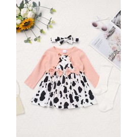 FYMNSI Newborn Infant Baby Girl Outfit Cow / Flowers Printed Long Sleeve Romper Dress Headband Socks Set, Pink Cow, 9 - 12 months