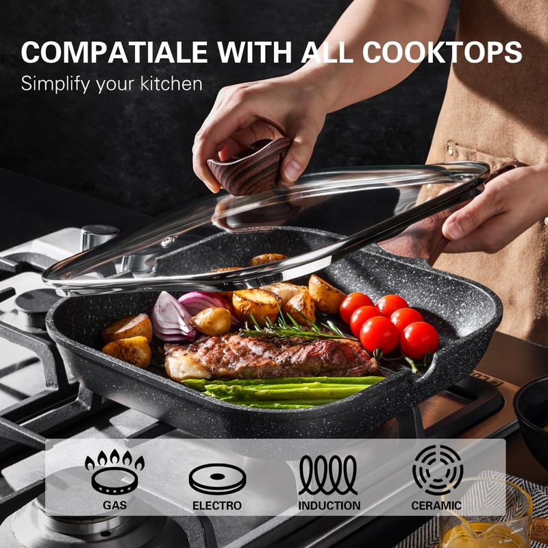 Kordisen Nonstick Grilling Pan with Lid for Stove Tops, 9.5