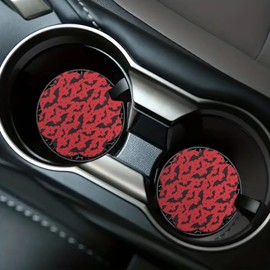 Pensura Car Coasters, Anti-Slip Flower Shaped Red Bat Print Car Coasters for Cup Holders, 2PCS Cup Holder Insert Ornaments Coaster, Universal Auto Interior Decor Accessories
