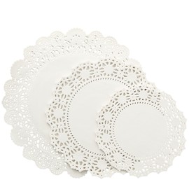 Juvale 150 Pack Round White Paper Doilies Assorted Sizes for Cake, Food, Dessert - Lace Paper Placemats for Crafts, Plates, Party Table, Wedding (6.5, 8.5, and 10.5 Inch)