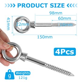 EFUTURETIME 4 x Eye Bolts Stainless Steel with Wood Thread M10 x 100 mm Screw