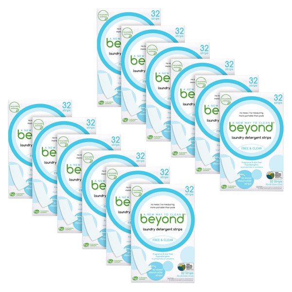 Beyond Laundry Detergent Strips [12 packs of 32 strips] - Free & Clear - Eco-friendly, Hypoallergenic. Travel friendly. Dissolvable Strips