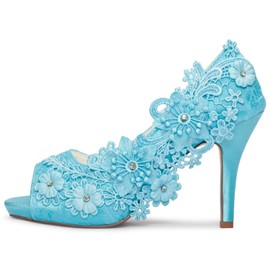 Emily Bridal 521-31-4 - Zapatos de boda para mujer, punta abierta, tacón de aguja de 3.94 pulgadas, tacón de aguja de encaje con diamantes de imitación, perlas y lentejuelas, zapatos de novia, cian-azul, 9.5 US