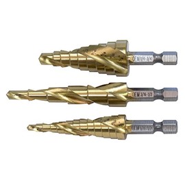 OEMTOOLS 24372 Spiral Step Drill Set, 3 Piece Set HSS Titanium Coated Drill Bit Kit, 28 Sizes, Step Drill Bit for Metal, Steel, Plastic, Aluminum, Copper