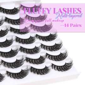Losha Lashes Fluffy Cat Eye Lashes D Curl False Eyelashes 6D Volume Full Eye Lashes Pack 14 Pairs Soft Fake Eyelashes (Classic)