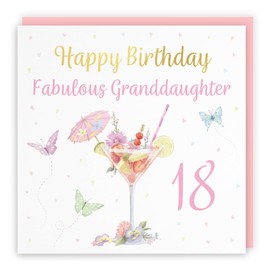 Hunts England - 18th Granddaughter Pink Cocktail And Butterflies Birthday Card - Luxury Gold Foil - Milo's Gallery - Age 18 Elegant Birthday Card For Granddaughter - Age Eighteen