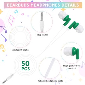 Saysurey 50 Pack Earbud Bulk Kid Headphone Earphone Earbud with Wire Individually Bagged for Classroom Student School Library(Green)