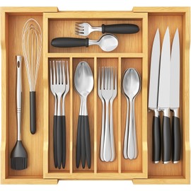 Lifewit Organizador de Cubiertos para Cocina, Bandeja de Bambú para Cajon, Almacenamiento Ajustable de Madera para Cucharas, Tenedores y Cuchillos, Extensible de 24 a 40 cm, Natural