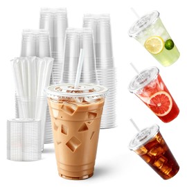 100-Pack 24 oz Cups with Lids and Straws, Disposable Plastic Cups with Lids - BPA-free, Perfect for Iced Coffee, Frappes, Milkshakes & Juice, Ideal for Home, Office & Parties
