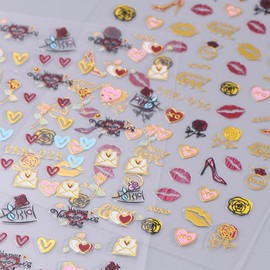12 Sheets 3D Nail Stickers Decals - YEFIUO Self-Adhesive Letter Rose Love Heart Glitter Pink Gold Nail Art Stickers for Press on Nails DIY Design Decoration Accessories Supplies Kit for Women Girls