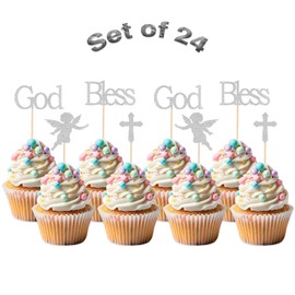 Kimini-Ki Baptism Cupcake Toppers, 24 Pack Spanish Mi Bautizo First Holy Communion Baby's Christenings Baby Shower God Bless Theme Cupcake Picks Decorations (Silver)