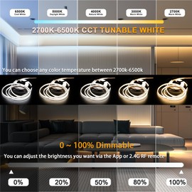 CCT COB LED Strip Light Tunable White, 16.4ft Dimmable 2700K-6500K 24V LED Tape Light Kit With Remote Control, Work with Alexa/Google Assistant/Tuya,for Under Cabinet Bedroom Kitchen (16.4Ft/5M)