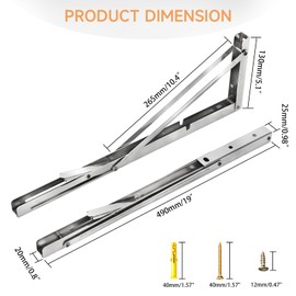 LSK 20 Inch Folding Shelf Brackets, Heavy Duty Stainless Steel Shelf Bracket Collapsible Shelf Brackets for Work Bench, Space Saving DIY L Bracket for Table, Max Load 220LBS, Pack of 2