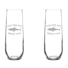 Set of 2 Glass Champagne Flutes Sparkling Wine Glasses You're My Best Fin Friend Shark (8.5 oz Stemless)