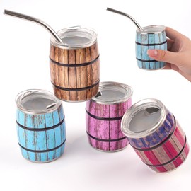 4 Pcs Shot Glasses Rustic Barrel with Lids and Straws - 3 oz Mini Stainless Steel Insulated Tumblers Cups, Vintage Woodgrain Design in 4 Colors (Pink, Blue, Red, Brown) - Set of 4