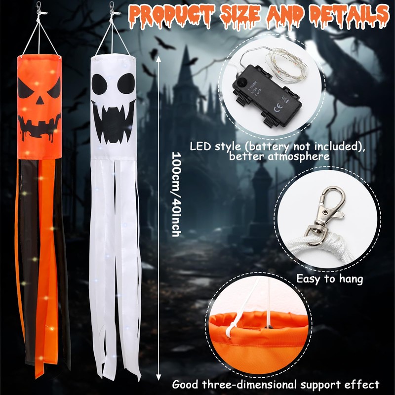 2Pcs Halloween Ghost Windsock with Lights Outdoor Decor