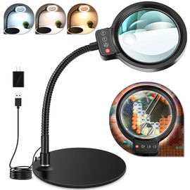 10X 30X Magnifying Glass with Light and Stand, 72 LED 3 Color Modes Stepless Dimmable, Hands Free Lighted Magnifier Desk Lamp for Close Work Craft Hobby Painting Sewing Jewelry Reading, Round