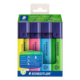 Staedtler Textsurfer classic highlighter, made of recycled plastic, large ink reservoir, 1-5 mm chisel tip, long life, 4 highlighters in assorted colours, in cardboard case, 364 RC4
